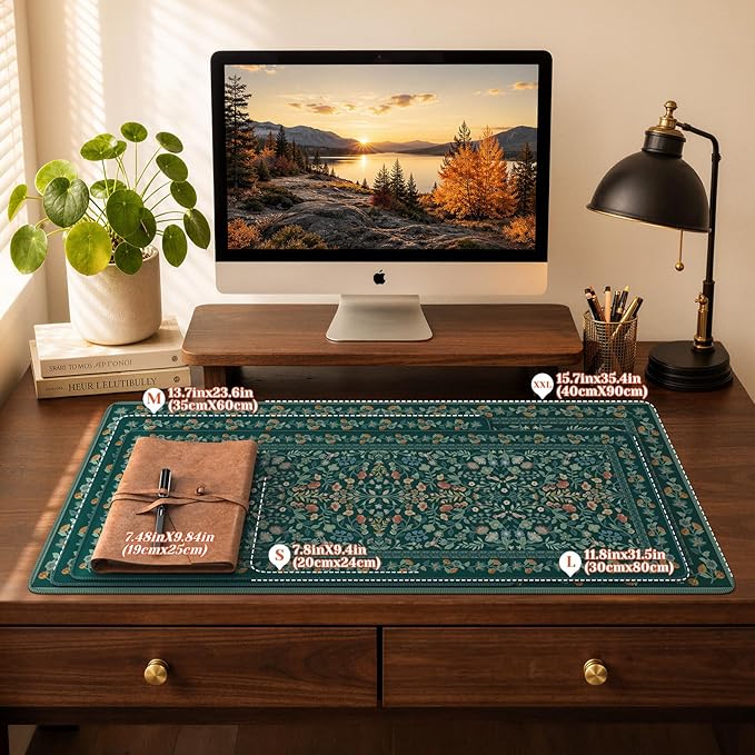 iCasso Green Aesthetic Flower Mouse pad for Laptop, Vintage Desk Matt for Desktop 13.7"x23.6", Anti-Slip Mousepad with Stitched Edges for Laptop Computer Keyboard(Deep Green)
