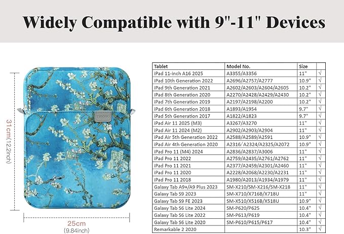 TiMOVO 9-11 Inch Tablet Sleeve Bag Carrying Case with Strap for iPad 11-inch A16 2025, iPad 10.9"/10.2", Galaxy Tab A9 Plus 11", Apricot Blossom