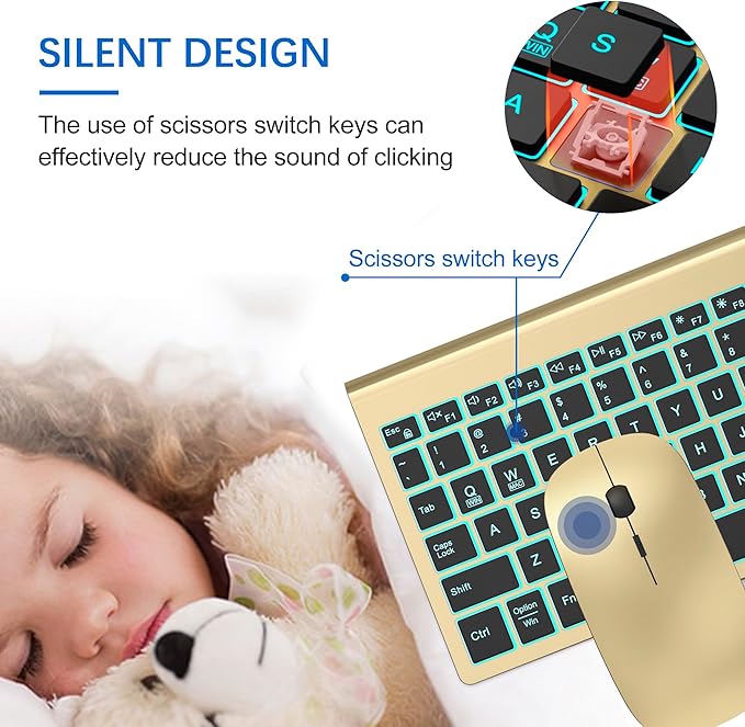 TopMate Wireless Keyboard and Mouse Ultra Slim Combo, 2.4G Silent Compact USB 2400DPI Mouse and Scissor Switch Backlit Keyboard Set, for PC/Laptop/Windows/Mac/Gaming - Gold Black