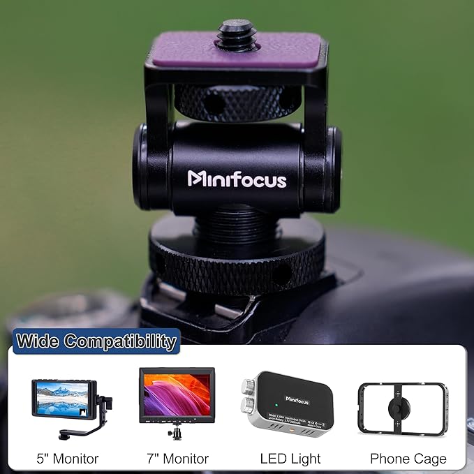 MINIFOCUS Camera Monitor Mount Swivel 360° and Tilt 180° Holder for 5" and 7" Field Monitor with Cold Shoe Mount and 3/8" & 1/4" Screw Hole