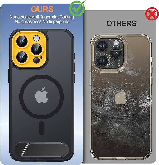 Magnetic Compatible with iPhone 15 Pro Max Case, [Built-in Kickstand][Full Camera Protection][Compatible with MagSafe][Anti-Fingerprint] Shockproof Phone Case for iPhone 15 Pro Max 6.7",Black & Yellow