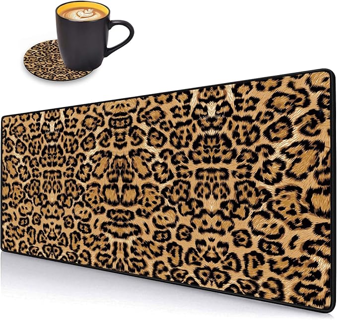 Desk Pad Mat Gaming Mouse Pads with Coasters Set, Stitched Edges Design Mouse Pad XXL Large Mouse Pad for Laptop Computers Leopard Print Desk Writing Mat for Office & Home 31.5"x 11.8"