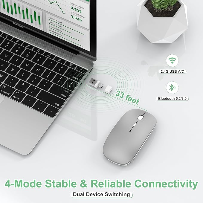 Wireless Mouse for MacBook Pro/Air, Bluetooth Rechargeable Mouse with USB-C, Slim Mouse Jiggler for iPad/iMac/Laptop/PC, 2.4G Dual Mode, Silent Click, Compatible Mac OS/Windows, Silver