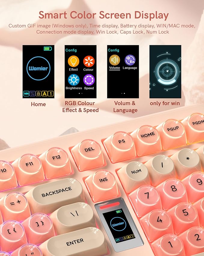 Keymatic Foundation Mechanical Keyboard,98% Pink Creamy Keyboard Gaming Keyboard,3 Mode with Multimedia Screen,RGB Backlit,Jelly MOA Profile keycaps for Win/Mac,Pink