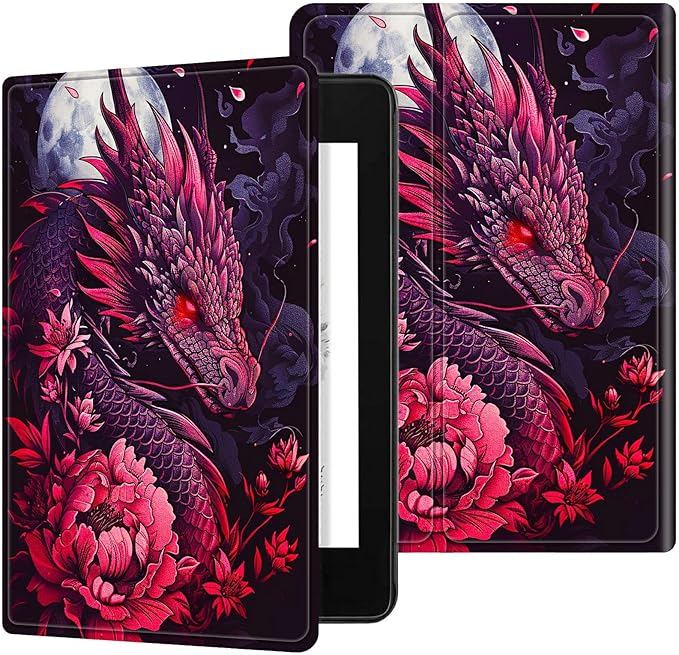 for All-New 6" Kindle 11th Generation 2024/2022 Release E-Reader Case, Slim Kickstand Stand Leather Smart Cover with Auto Wake/Sleep, Pink Flower Dragon