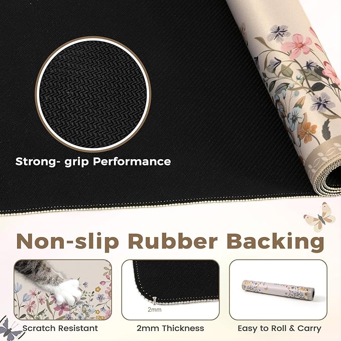 HAOCOO Beige Desk Matt for Desktop, Desk Mat for Keyboard and Mouse, Floral Keyboard Mat with Edge Stitching, Non-Slip Large Mouse Pad for Desk for Gaming,Women Office