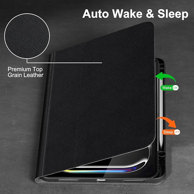 Gexmil Genuine Leather Case for iPad Pro 13 Inch (M5/M4) 2025/2024 with Pencil Holder,Protective Shockproof Smart Leather Folio Cover Adjustable Stand Auto Sleep/Wake,Cross-Hatched Black