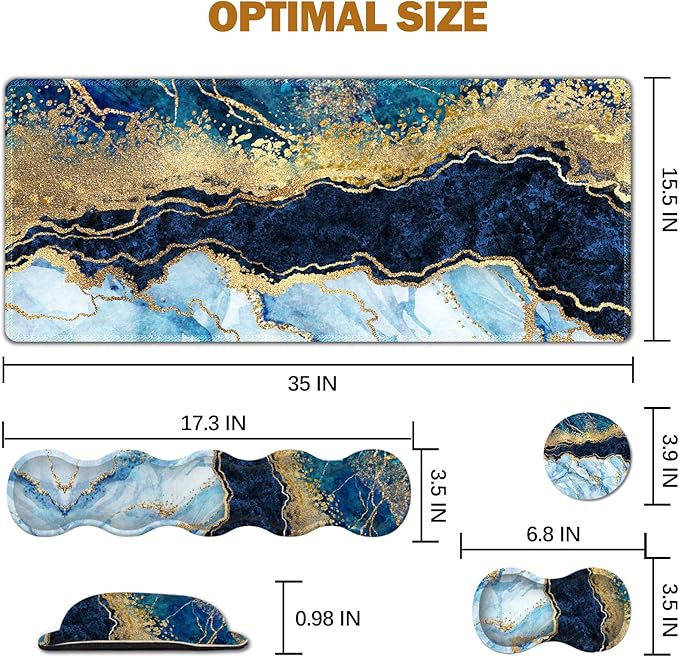 Upgraded Extended Gaming Mouse Pad, Keyboard Wrist Rest Pad, Wrist Support Mousepad Set, Artso Large Stable Rubber Base Stitched Edges, Multifunctional Desk Pad (35 x15.5 in), Blue Marble