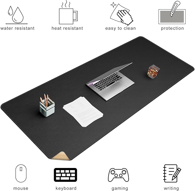 Chihein 59” x 24” Cork & PU Leather Desk Mat (Black) - Huge Mouse Pad, Double Sided Waterproof Desk Pad Protector for Gaming, Office, Home