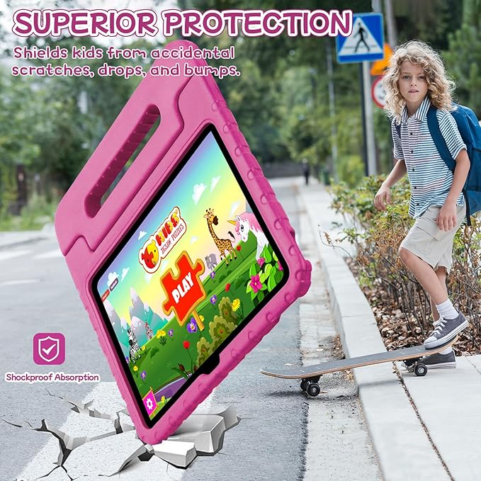 Kids Case for iPad A16 11th (2025)/iPad 10th Gen (2022) with Pencil Holder & Handle Stand, Super Protection EVA Toddler-Friendly Cover for iPad 11"(A16)/10th Generation 10.9"-Rose Red