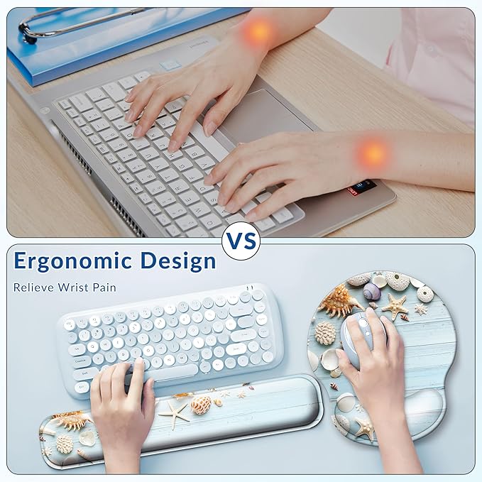 Desk Mat Set + Keyboard and Mouse Pad with Wrist Rest Support,4-in-1 Large Mousepad Computer Mats for Desktop Home & Office-Blue Shells