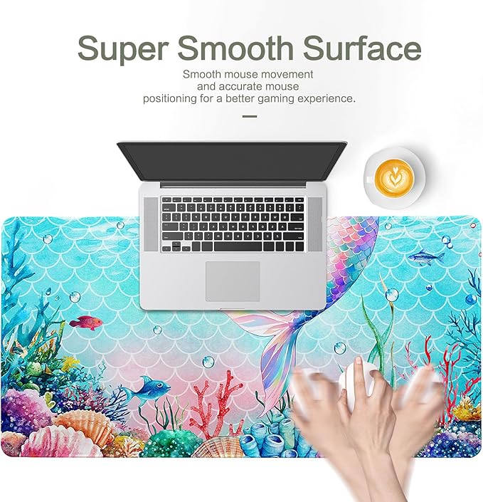 Ocean Mermaid Mouse Pad Desk Mat, Magic Mermaid Large Gaming Mouse Pad Fish Tail Anime Desk Pad Mousepad XXL Extended Keyboard Mat Mouse Mat, Waterproof, 31.5x15.7 in