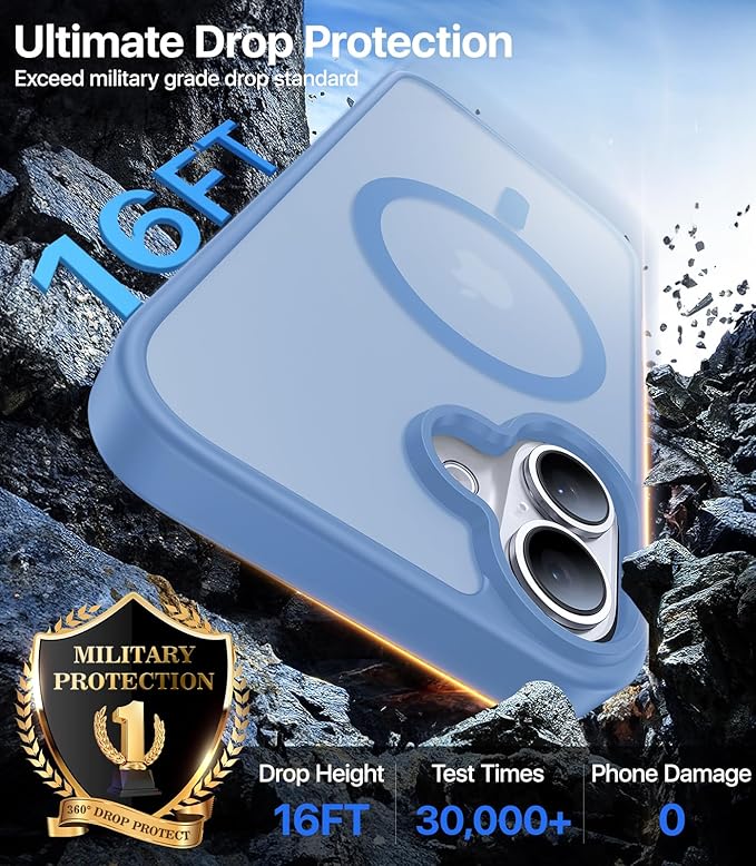 Magnetic for iPhone 16 Case, [Compatible with MagSafe][Military-Grade Drop Protection][Anti-Yellowing] Shockproof Protective Translucent Matte Cover for iPhone 16 Phone Case,Light Blue