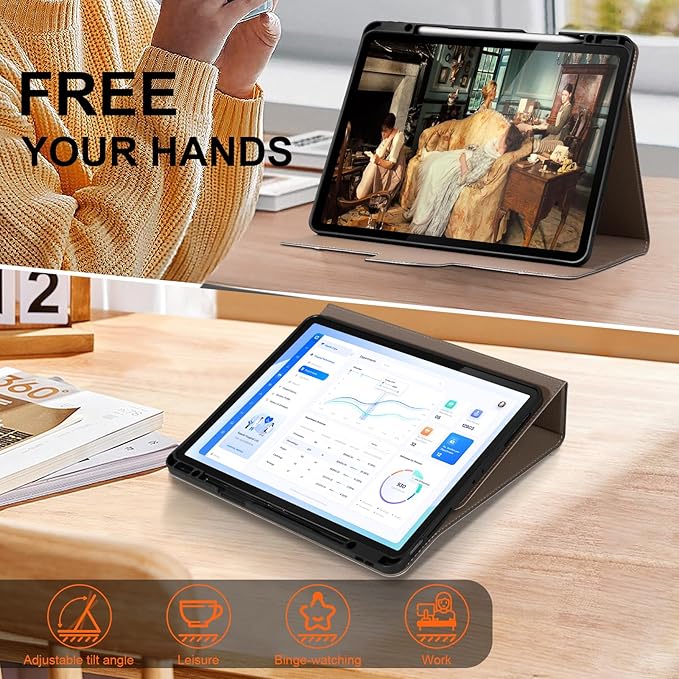 Leather Case for iPad Pro 12.9" 3-6th Gen (2018-2024), with Pencil Holder&Buckle, Auto Wake/Sleep, Adjustable Stand, Gray Brown