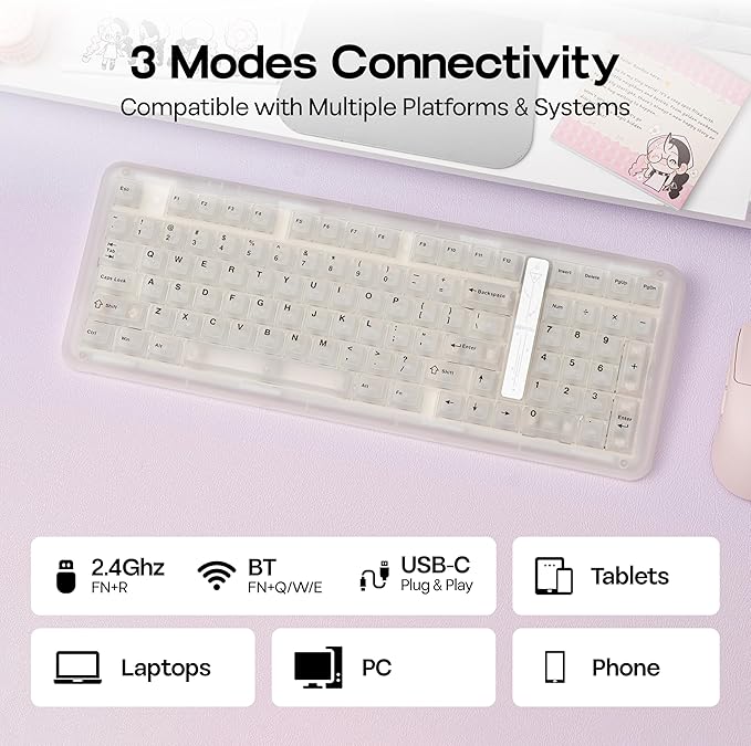 KiiBoom Phantom98 Lite 96% Wireless Mechanical Gaming Keyboard, VIA Programmable, Creamy Keyboard with Gasket, 8000mAh Battery, Hot Swap, RGB Backlits, NKRO for Win/Mac (Clear, Mochi Switch)