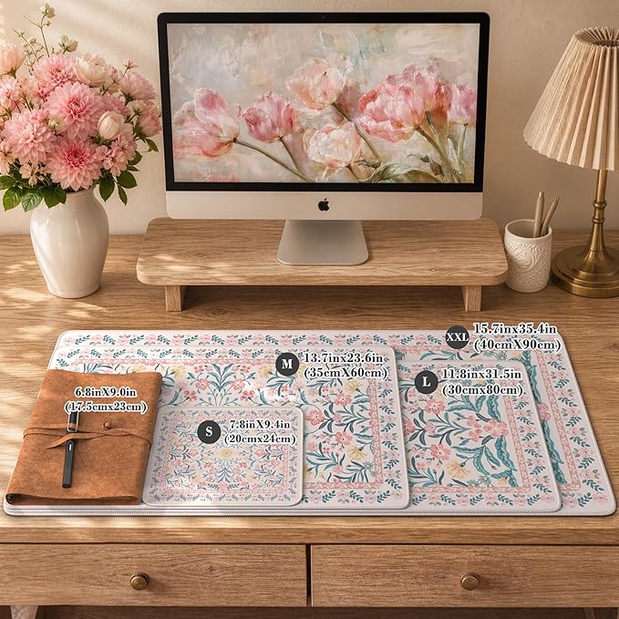 iCasso Aesthetic Floral Desk Mat, L Mouse Pads, Anti-Slip Mousepad with Stitched Edges, Waterproof Computer Pad 11.8"x31.5", Desk Accessories Office Decor for Women(Pink Floral)
