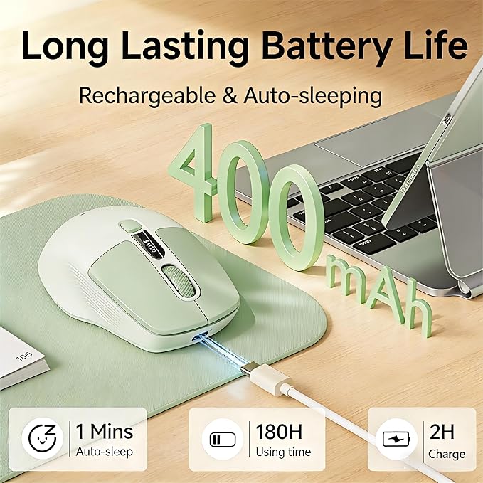 EWEADN Q1 Wireless Bluetooth Mouse, BT & 2.4G Computer Mouse with Battery & DPI LED Screen Display, Type-C Rechargeable with 1600 DPI Levels, 6 Button Silent Ergonomic Mouse for Laptop/PC/Mac-Green