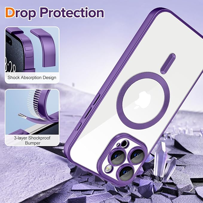 Hython Magnetic Clear for iPhone 15 Pro Max Case with Camera Lens Protector [Compatible with MagSafe] Plating Edge Slim Soft TPU Cover Protective Phone Case for iPhone 15 Pro Max 6.7", Matte Purple