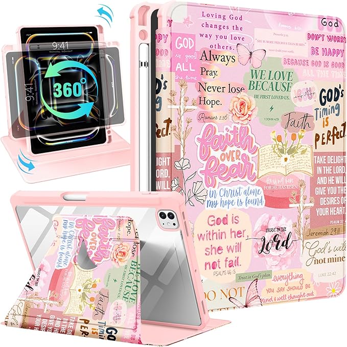 Uppuppy for iPad Pro M4/M5 Case 11 inch - 360 Degree Rotating Stand Folio Smart Cover with Pencil Holder for Women Girls, Christian Words for iPad Pro 11 inch Case 2024 M4/2025 M5