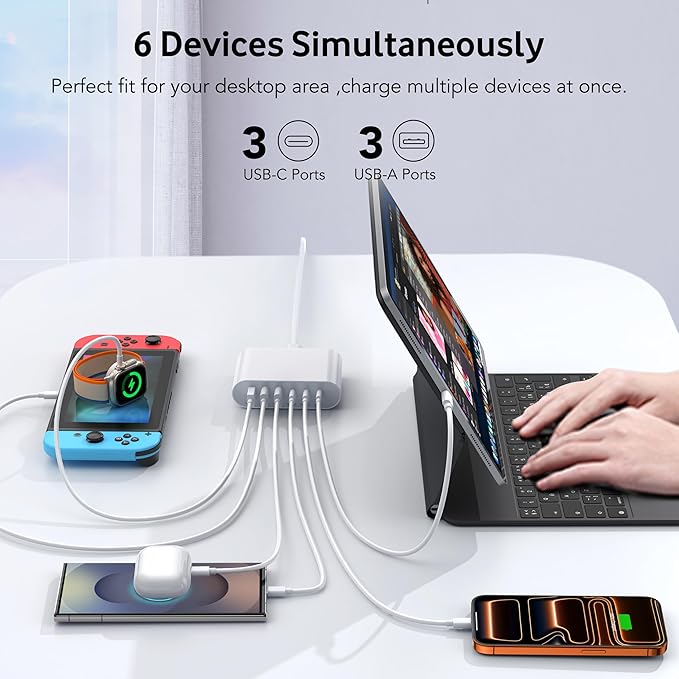 100W USB C Fast Charger Block Compact GaN 6 Port PD USB C and QC USB A Wall Charger Type C Charging Station Hub Adapter Plug Cube Brick for iPhone 17 16 15 14 Pro Max iPad Pro Air Samsung Pixel LG