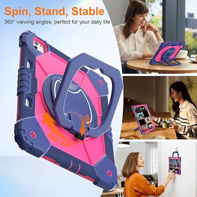 Case for iPad Pro 13 Inch M5 2025 / M4 2024, Auorld for iPad Pro 13 Inch M5 2025 with Screen Protector, 360 Degree Rotating Stand Shoulder Strap Pencil Holder, Navy Pink