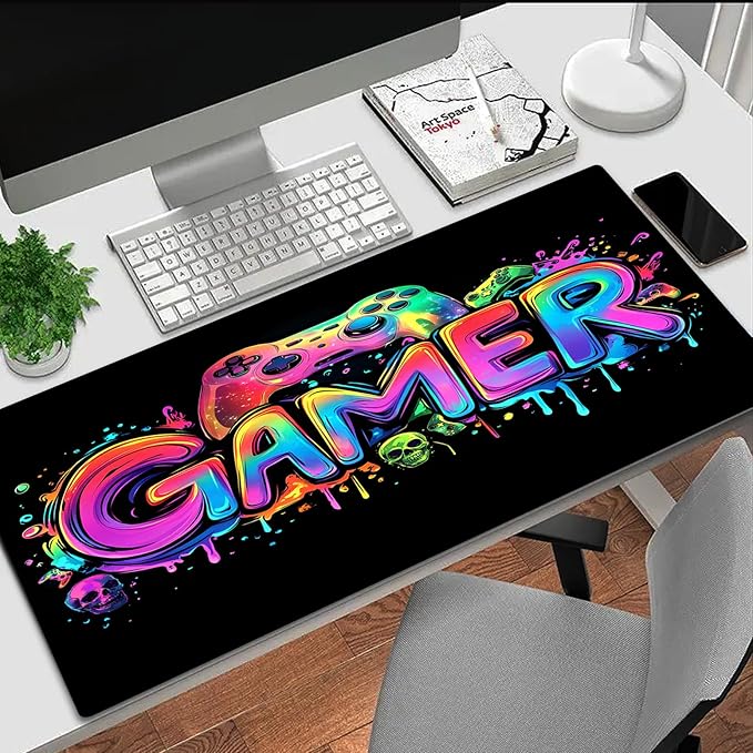Gamer Gaming Mouse Pad, Blacklight Game Controller Horror Skull Waterproof Large Mouse Mat, 31.5" x 11.8" Skeleton Glowing Extended Non-Slip Rubber Base, Office & Home Keyboard Pad