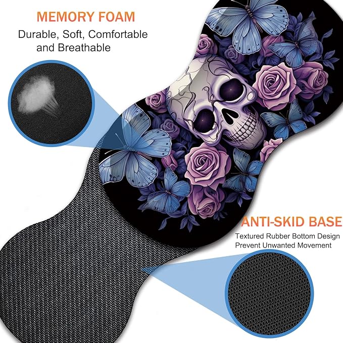 Extended Non-Slip Mouse Pad + Mouse Wrist Rest + Lace-Shaped Coaster Set, Ergonomic Design, Suitable for Desk and Home Gaming Table Mat, Skull Butterfly Roses