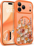 GVIEWIN for iPhone 17 Pro Max Case Compatible with MagSafe [Curly Wave Edge][Full Camera Protection] Floral Translucent Shockproof Magnetic Women Phone Case for 17 Pro Max, Primrose/Orange