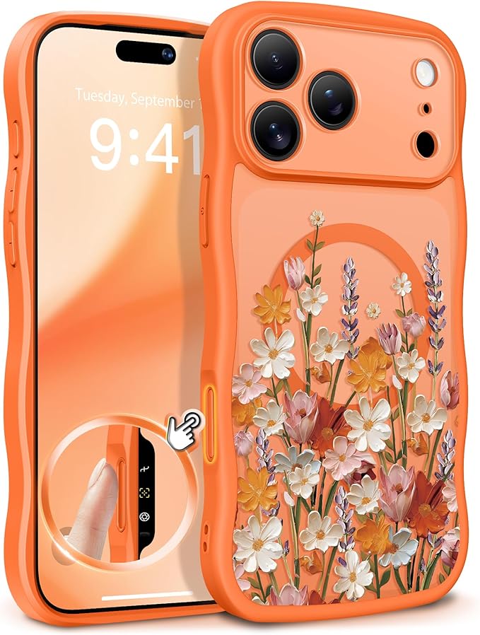 GVIEWIN for iPhone 17 Pro Max Case Compatible with MagSafe [Curly Wave Edge][Full Camera Protection] Floral Translucent Shockproof Magnetic Women Phone Case for 17 Pro Max, Primrose/Orange