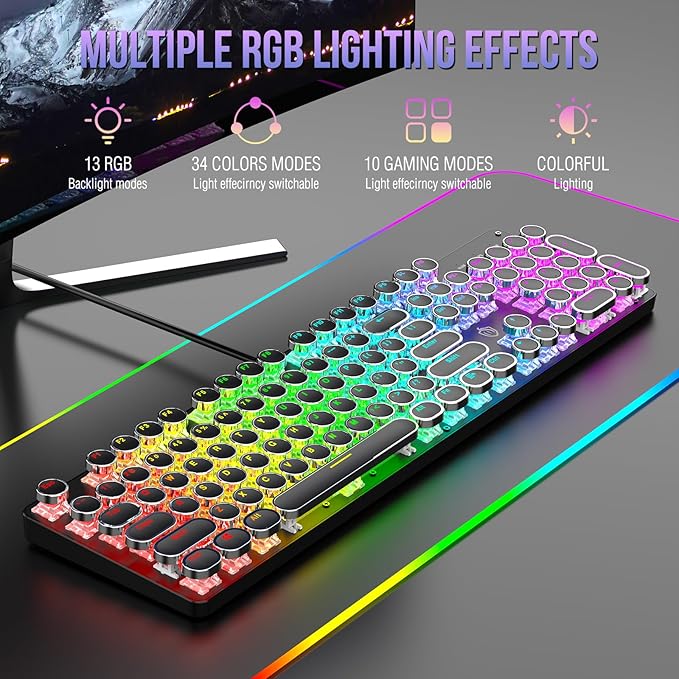 Typewriter Mechanical Gaming Keyboard with RGB Backlit Red Switches, 104 Keys Retro Round Keycap, Wired Typewriter Style Comfortable Typing Soud (R-Black)