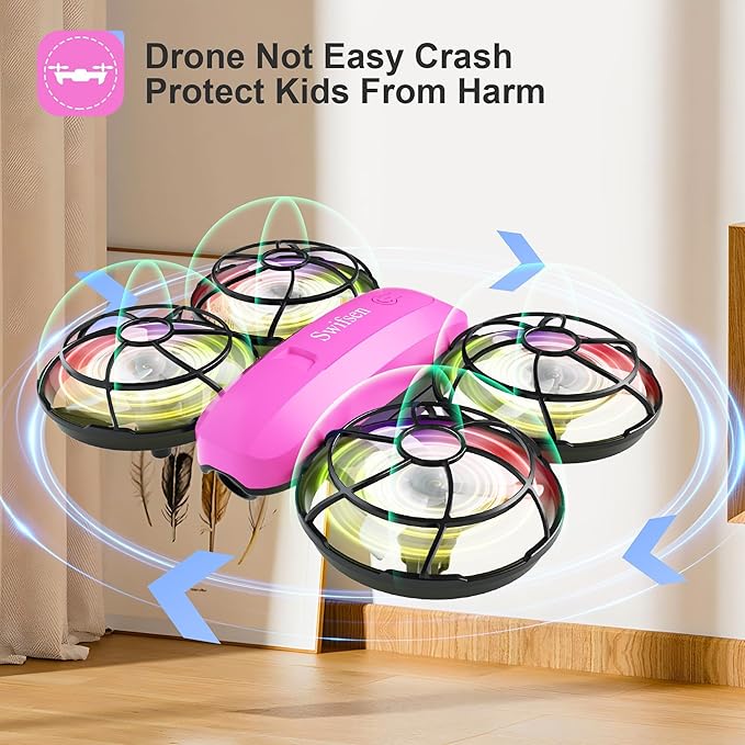 Swifsen Kids Drone with Camera & Optical Flow Positioning - Mini RC Quadcopter with Full Protection Guard, 2 Modular Batteries, Colorful LED Lights - Easy to Fly Gift for Boys & Beginners (Upgraded Version).