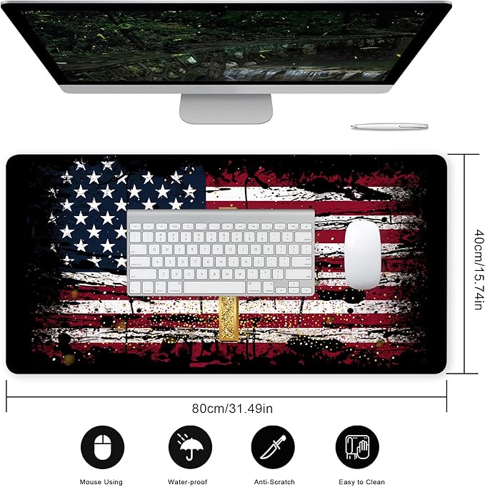 Desk Mat,American Flag Jesus Cross Mouse Pad Large Gaming for Desk,Non-Slip Rubber Base Mousepad,31.5x15.7 Inch for Office Home Work & Game