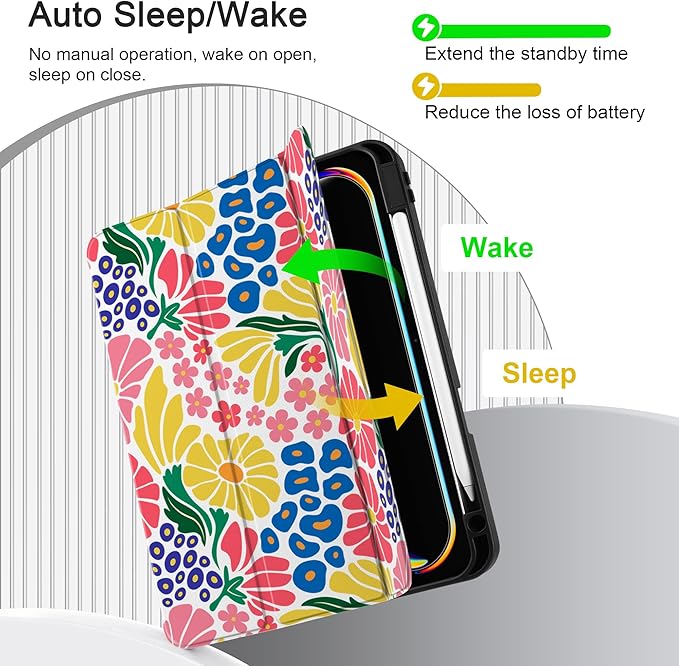 MEEgoodo Case for M5 iPad Pro 11 inch 2025/M4 iPad Pro 11 inch Case 2024, Tablet Cover with Trifold Stand & Pencil Holder & Auto Wake/Sleep & Soft TPU Back Cover, Groovy Flower