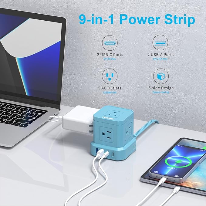 TOPREK Surge Protector Power Strip, 10 FT Flat Extension Cord with 5 Outlets, 2 USB-C & 2 USB-A, Power Strip with USB for Living Room, Nightstand, Office, Travel, Desk Charging Station, 700J