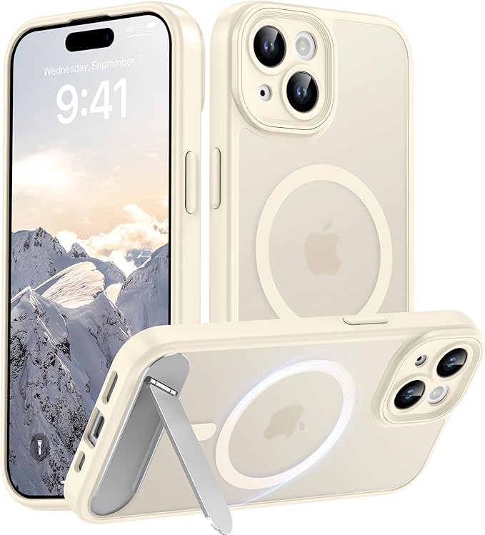 Magnetic Compatible with iPhone 15 Case, [Built-in Invisible Kickstand][Compatible with MagSafe][Full Camera Protection] Translucent Matte Phone Case for iPhone 15 6.1" Beige
