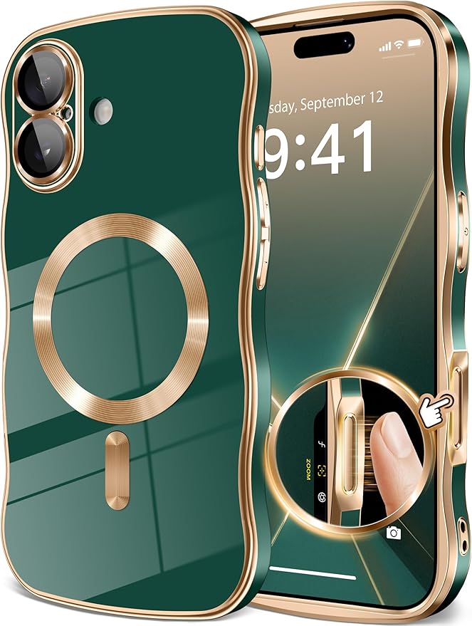 GVIEWIN for iPhone 17 Case Compatible with MagSafe, Upgraded [Full Camera Protection][Cute Wave Frame][Military Grade Protection] Electroplated Hard Phone Cover for Women Girl, Green