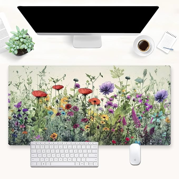 Floral Desk Pad Mat Watercolor Flowers Desk Mat XL Large Gaming Mousepad Extended Aesthetics Laptop Computer Keyboard and Mouse Pad Office Desk Decor for Women 31.5 x 15.7 in