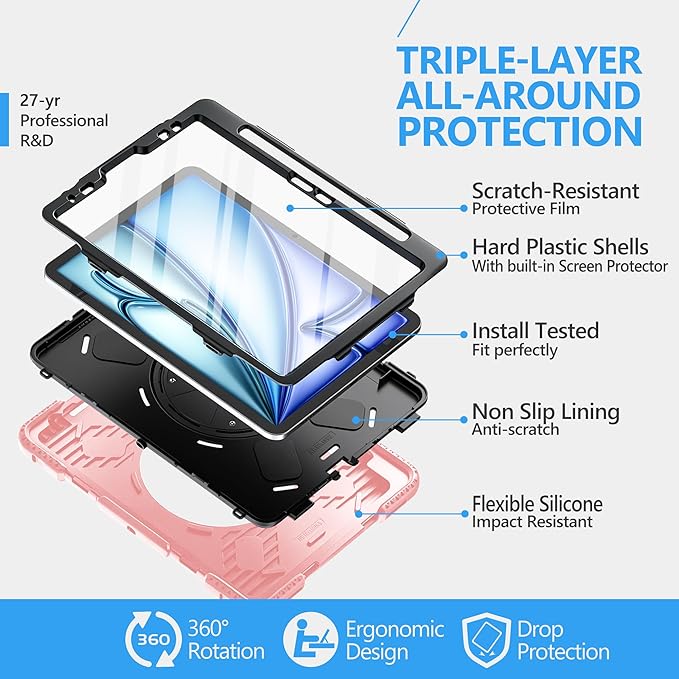 Case for iPad Air 11 M4 2026/ M3 2025/ M2 2024: Silicone Cover for iPad Air 5th & 4th Generation 10.9 Inch (2020/2022) with Screen Protector- Stand- Handle- Shoulder Strap- Pencil Holder