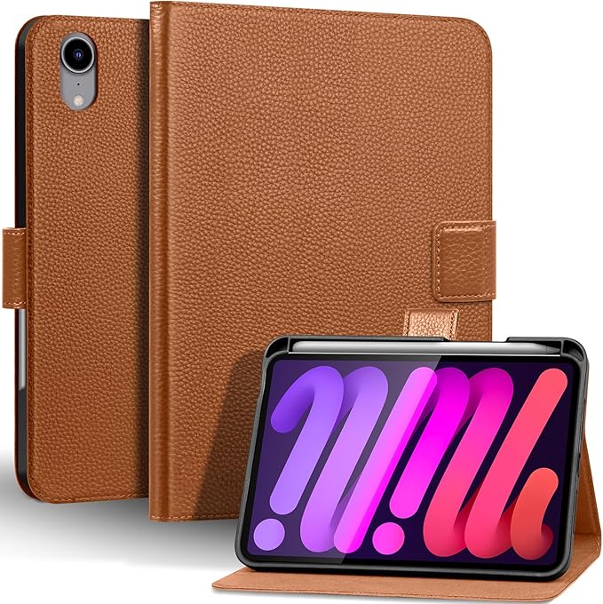 Genuine Leather Case for iPad mini 7th/6th Gen 8.3 Inch 2024/2021 | with Pencil Holder and Adjustable Stand, Magnetic Closure, Auto Wake/Sleep Cover | Brown