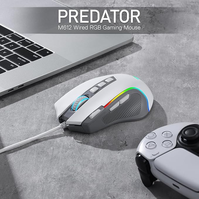 Redragon M612 RGB Gaming Mouse, 8000 DPI Wired Optical Mouse with 9 Programmable Buttons & 5 Backlit Modes, Software Supports DIY Keybinds Rapid Fire Button, Gray&White
