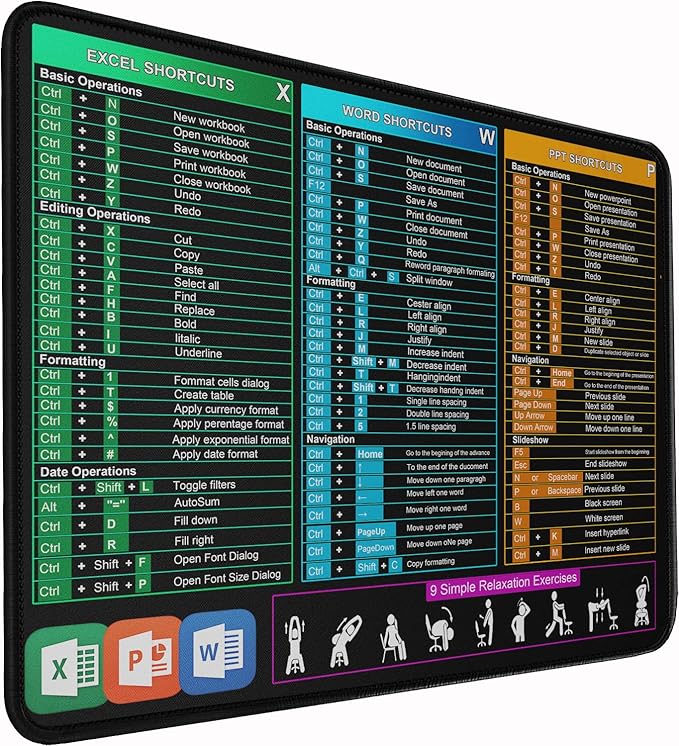 Excel Shortcuts Mouse Pad, Large Mouse Pad with Double Stitched Edges, 14.9 x 11.7 inches Premium-Textured & Waterproof Mousepad, Nonslip Natural Rubber Base Mousepad for Laptop,Computer, Office