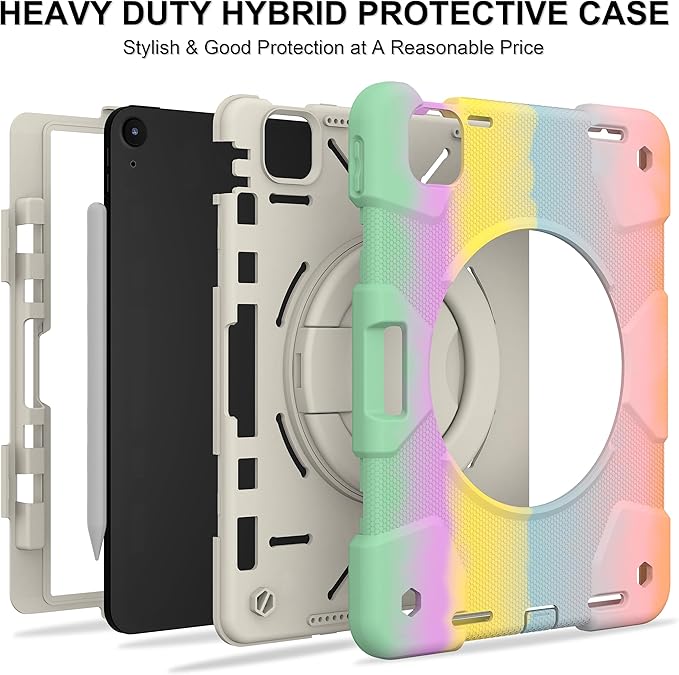 Andnary Case for iPad Air 11 inch Case M4/M3/M2 (2026/2025/2024), Heavy Duty Shockproof Cover with Screen Protector, 360° Rotating Stand, Pencil Holder, Shoulder Strap (Colorful Pink)