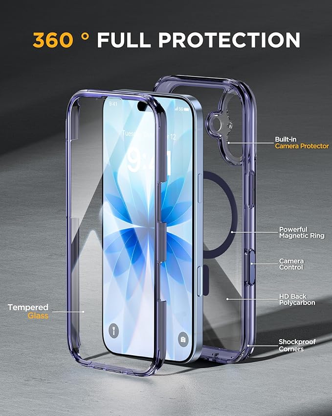 Miracase for iPhone 17 Case 6.3'', Full-Body Bumper Military Drop Protection Outdoor Phone case with Built-in Glass Screen &Camera Control,Easy Installation,No Gap,Compatible with MagSafe, Clear Blue