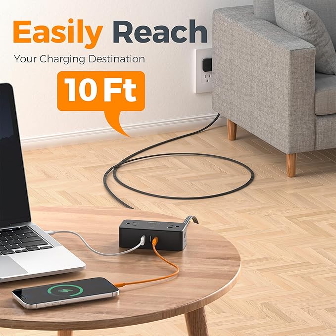 TESSAN Flat Plug Extension Cord 10 FT, Surge Protector Power Strip with 4 AC Outlets 1 USB C and 2 USB A Ports, 900 Joules Protection, Multiple Wall Outlet Extender Suitable for Office Dorm, Black