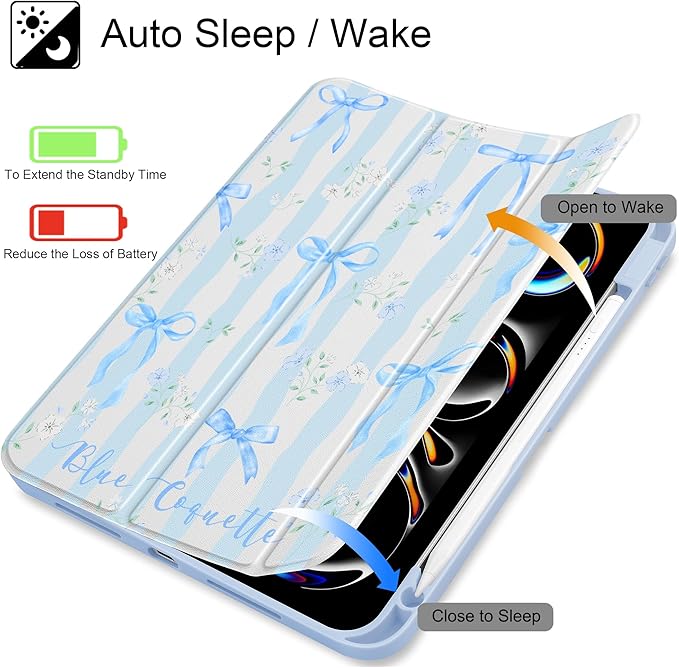 May Chen for iPad Pro 13 Inch Case M5 2025 / M4 2024, Built Pencil Holder & Clear Transparent Print Back Shell Slim Stand Shockproof Tablet Cover, Auto Wake/Sleep, Flower Blue Waves