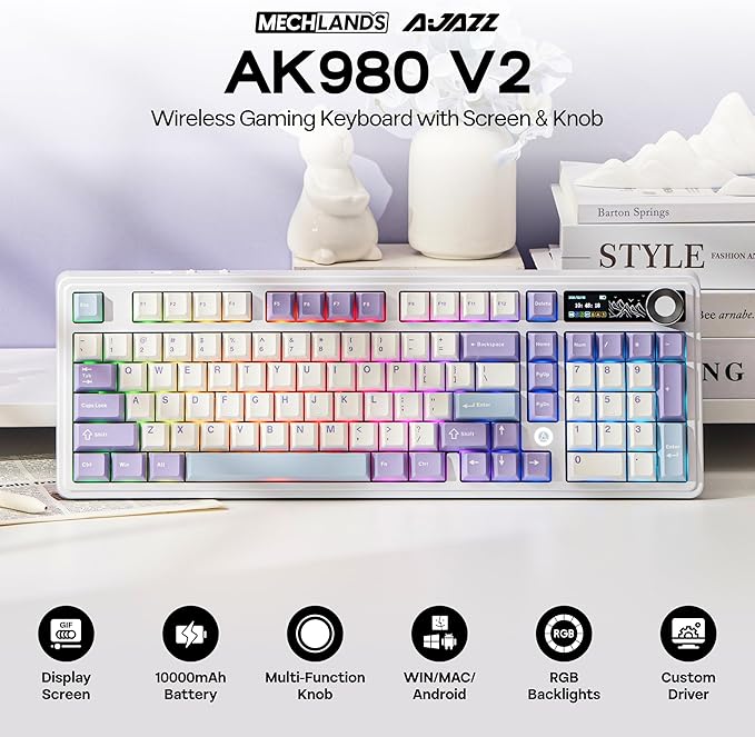 MechLands AJAZZ AK980 V2 Mechanical Gaming Keyboard with Display Screen, 10000mAh Battery, 98% Wireless Keyboard with BT/USB-C/2.4GHz, Hot Swappable, Linear Switch, Knob, RGB for Win/Mac (White)