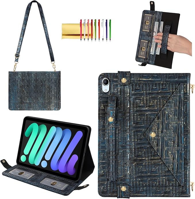Handbag Case for iPad mini 7 2024/Mini 6 Case - Techcircle Vintage Pattern Crossbody PU Leather Folio Envelope Pocket Stand Cover with Hand Strap+Shoulder Strap+Pencil Holder+Card Slots, Retro Navy
