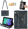 Handbag Case for iPad mini 7 2024/Mini 6 Case - Techcircle Vintage Pattern Crossbody PU Leather Folio Envelope Pocket Stand Cover with Hand Strap+Shoulder Strap+Pencil Holder+Card Slots, Retro Navy