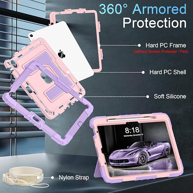 for iPad Air 11 Inch M4 (2026) /M3 (2025) /M2 (2024) iPad Air 5th/4th Generation Case 10.9 Inch 2022/2020,Military Grade Shockproof iPad Case Air 11 Inch with Pen Holder, Purple Rosegold