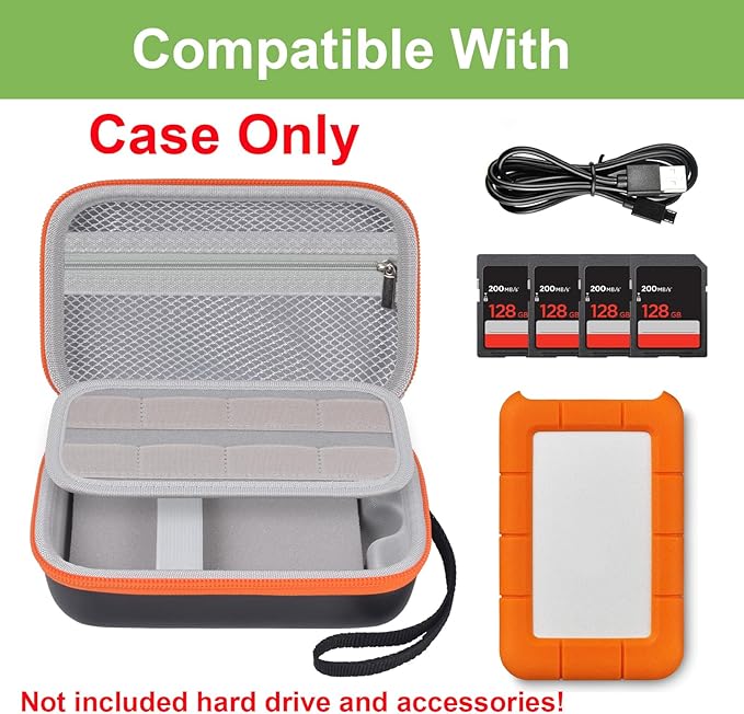 Case for LaCie Rugged Mini 1TB/ 2TB/ 4TB/ 5TB/ Thunderbolt 3.0 2.0 USB-C External Hard Drive Portable HDD, Storage Holder for Hard Drives for Mac and PC Computer & USB Cable SD Cards- Bag Only (Grey)
